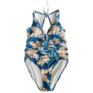 Graham Swim Women's Modest Blue V- Neck Floral One Piece Swimsuit- Size XL